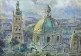 Adam Batycki, Panorama Lwowa (Widok na kościół Dominikanów), akwarela, papier