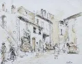 Henri Epstein, Na ulicy, tusz, akwarela, papier