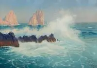 Soter Jaxa-Małachowski, Capri - skały Faraglioni, 1927 r., 1927, gwasz, tektura