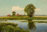 Wiktor Korecki, Pejzaż z kaczeńcami, olej, tektura