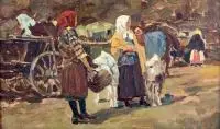 František Mrázek, Scena rodzajowa - na targu, olej, tektura, 17