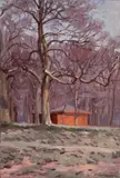 Basile Poustochkine, Zabudowania w parku, olej, tektura