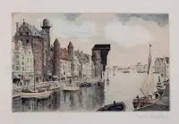 Ernst Stephan, Gdańsk - Długie Pobrzeże, akwaforta kolorowana, papier, 18