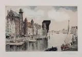 Ernst Stephan, Gdańsk - Długie Pobrzeże, akwaforta kolorowana, papier, 18