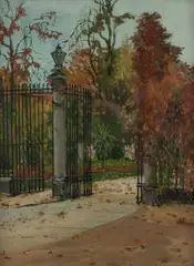Józef Alfred Sipiński, Wejście do Ogrodu Botanicznego w Warszawie, 1925 r., 1925, olej, tektura