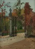 Józef Alfred Sipiński, Wejście do Ogrodu Botanicznego w Warszawie, 1925 r., 1925, olej, tektura