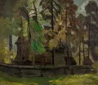 Tadeusz Szczerbiński, Drewniany kościół w Rabce zdroju, 1935 r., 1935, olej, płótno