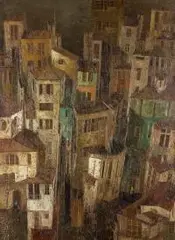 Ryszard Zajac, Widok na miasteczko od strony portu, 1978 r., 1978, olej, płótno
