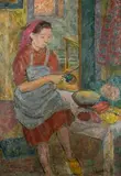Helena Cygańska-Walicka, Obieranie jarzyn, 1950 r., 1950, olej, płótno