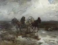 Alfred Wierusz-Kowalski, Wozy na błotnistej drodze, olej, tektura