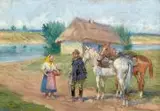 Scena rodzajowa z ułanem, 1947 r. by Jerzy Kossak, 1947, olej, tektura, sold May 2019