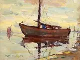 Antoni Suchanek, Łódź przy brzegu, przed 1939 r., olej, tektura