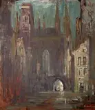 Ulica w Gdańsku by Marian Mokwa, olej, płyta pilśniowa, sold May 2019