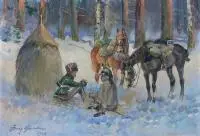 Jerzy Kossak, Popas, 1944 r., 1944, olej, tektura, 34