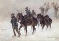 Jerzy Kossak, Zimowy patrol, olej, sklejka, 48