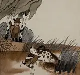 Jerzy Flisak, Ilustracja do książki Bardzo zajęte psy, nr 22, tusz lawowany, kolorowy, papier