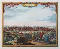 Pieter van der Aa, La Ville de Dantzic, dans la Prusse Royale, Panorama Gdańska od południowego zachodu, Lejda, 1730 r., miedzioryt kolorowany, wym. widoku 21