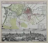Spadkobiercy Homanna, Die Konigl. Polnische u. Preusische Hansee- und Handels-Stadt Dantzig..., Plan Gdańska, mapa okolic Wisłoujścia i linii brzegowej Morza Bałtyckiego, Norymberga 1739 r.; miedzioryt kolorowany, 50