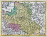 Tobias Lotter, Poloniae Regnum ut et magni Ducat. Lithuaniae…, Mapa ziem Rzeczpospolitej, pochodząca z dzieła „Atlas Minor”, Augsburg ok. 1750 miedzioryt kolorowany w epoce