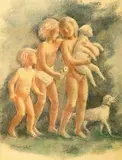 Wacław Borowski, Dzieci z owieczką i psem, pastel, ołówek, papier