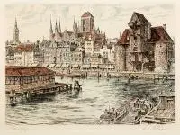 Richard Adler, Gdańsk – Nad Motławą, akwaforta kolorowana, papier