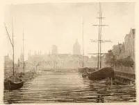 Stanisław Szwarc, Gdańsk. Łodzie żaglowe w porcie, lata 30. XX w., litografia, papier