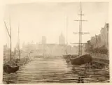 Stanisław Szwarc, Gdańsk. Łodzie żaglowe w porcie, lata 30. XX w., litografia, papier
