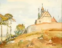 Andrzej Zygmut Oleś, Kościół Świętego Karola Boromeusza w Kielcach – na wzgórzu Karczówka, 1942 r., 1942, akwarela, papier