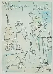 Edward Dwurnik, Wesołych Świąt na tle Pałacu Kultury i nauki w Warszawie, tusz, pastel, papier