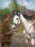 Jerzy Kossak, Ułan z koniem, 1937 r., 1937, olej, tektura