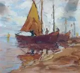 Antoni Suchanek, Łodzie, olej, tektura