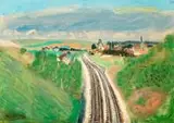 Linia kolejowa w Mareuil-sur- Ourcq by Henryk Hayden, olej, papier naklejony na płytę pilśniową, sold Nov 2018