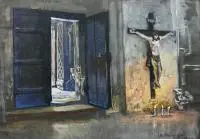 Jerzy Rupniewski, Wnętrze kościoła śś. Janów w Toruniu, tempera, papier