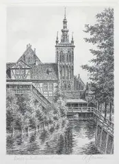 Widok na kościół św. Katarzyny w Gdańsku by Alfred Jensen, akwaforta, papier, 32, sold Oct 2018