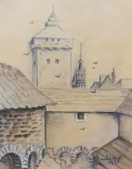 S. Lasko, Widok Bramę Floriańską, 1935 r., 1935, akwarela, kredka