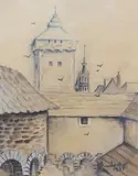 S. Lasko, Widok Bramę Floriańską, 1935 r., 1935, akwarela, kredka