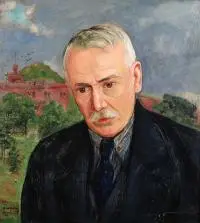 Wlastimil Hofman, Portret mężczyzny na tle Kopca Kościuszki, ok. 1930 r., 1930, olej, sklejka, 51