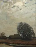 Stefan Popowski, Chaty nad rzeką, olej, płótno