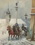 Włodzimierz Rutkowski, Dorożka pod kolumną Zygmunta, olej, płótno