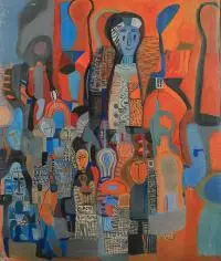 Krystyna Cękalska-Lindert, Miasto kukieł niebieskie, 1970 r., 1970, olej, płótno