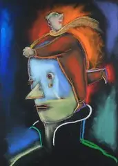 Andrzej Dudziński, Komedia ludzka, 1999 r., 1999, pastel, kredka olejowa, papier czarny