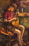 Michel Adlen, Młody chłopiec grający na mandolinie, 1948 r., 1948, olej, tektura