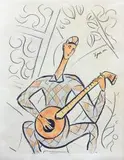 Młodzieniec z mandoliną by Tymon Niesiołowski, akwarela, kredka, papier, sold Jul 2018