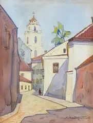 Zaułek w Wilnie by Adam Międzybłocki, akwarela, papier, sold Jul 2018
