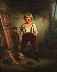 Leopold Loefler, Chłopiec z pieskiem, olej, płótno dublowane