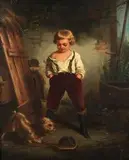 Leopold Loefler, Chłopiec z pieskiem, olej, płótno dublowane
