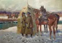 Jerzy Kossak, Ułani zimą, olej, płótno