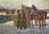 Jerzy Kossak, Ułani zimą, olej, płótno