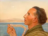Wlastimil Hofman, Portret mężczyzny z harfą, 1943 r., 1943, olej, płótno naklejone na tekturę
