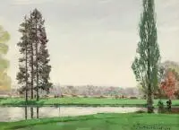 Basile Poustochkine, Staw wiosną, olej, tektura, 20